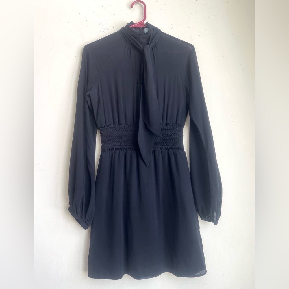 Black Long-Sleeve Tie-Neck Mini Dress